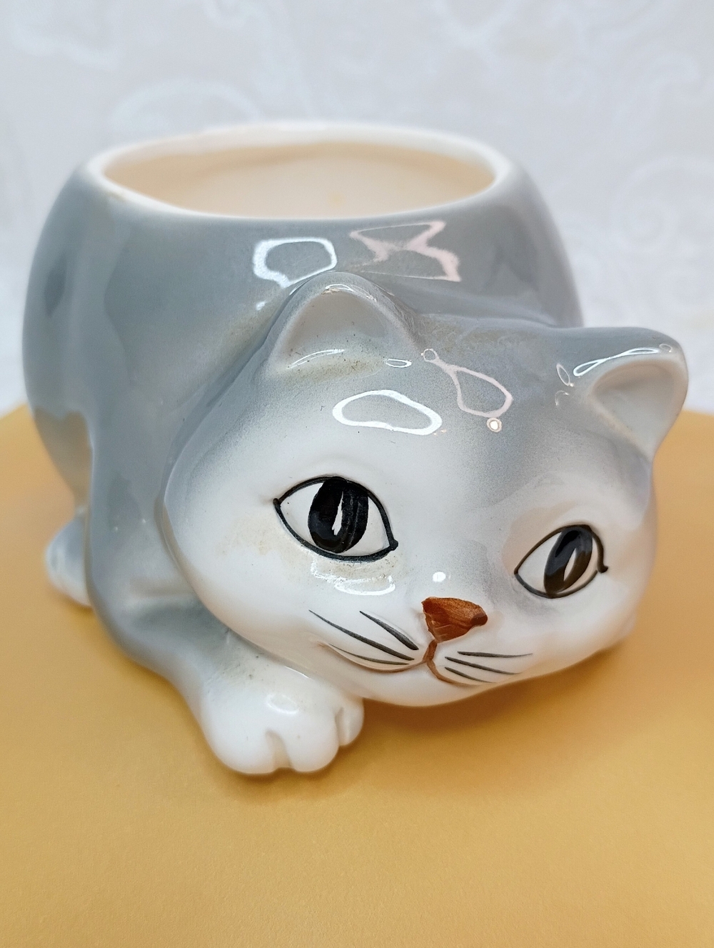 Otagiri Vintage Gray and White Ceramic Cat Planter